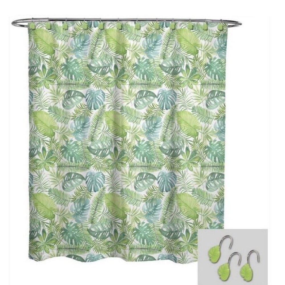Avanti Palm Leaf Tropical Fabric Shower Curtain & Hook Set Summer Beach House